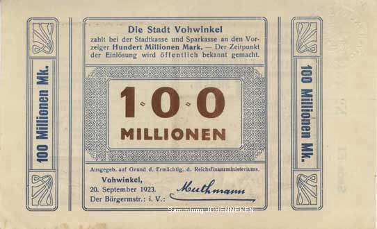 Notgeld Vohwinkel Hundert Millionen Mark