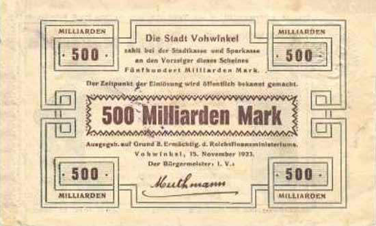 Notgeld Vohwinkel Fünfhundert Milliarden Mark