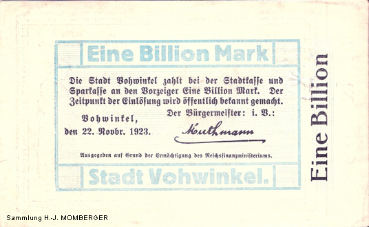 Notgeld Vohwinkel Eine Billion Mark (Sammlung H.-J. MOMBERGER)