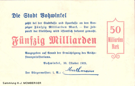 Notgeld Vohwinkel Fünfzig Milliarden Mark (Sammlung H.-J. MOMBERGER)