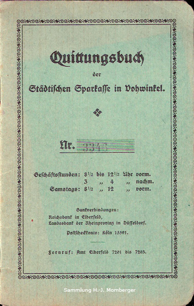 Quittungsbuch der Städtischen Sparkasse in Vohwinkel 1927 (Sammlung H.-J. Momberger)