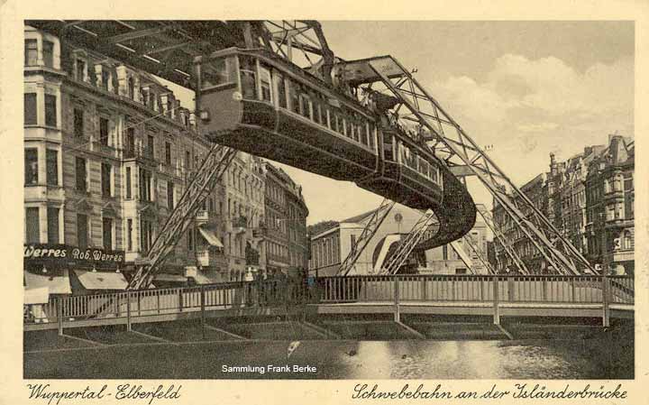 Schwebebahn an der Isländer Brücke auf einer Postkarte von 1933 (Sammlung Frank Berke)