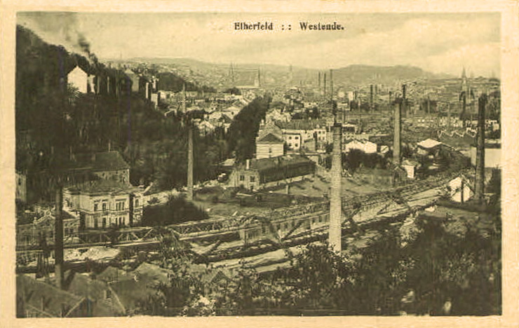 Die Schwebebahn in Elberfeld bei Westende auf einer Postkarte von 1909